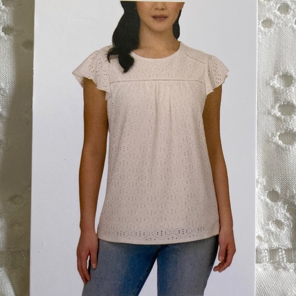 Adrianna Papell Flutter Short Sleeve Eyelet Top, Cream, Small NWT - Picture 1 of 12
